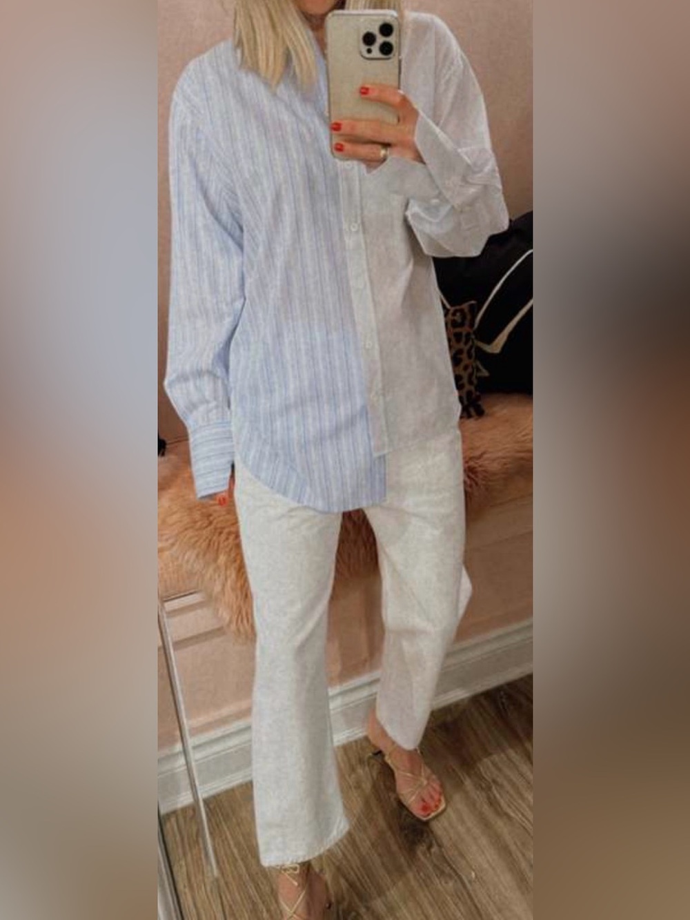 Frame Denim Le Mix Oversized Asymmetrical Blue & White Striped Button-Down Shirt